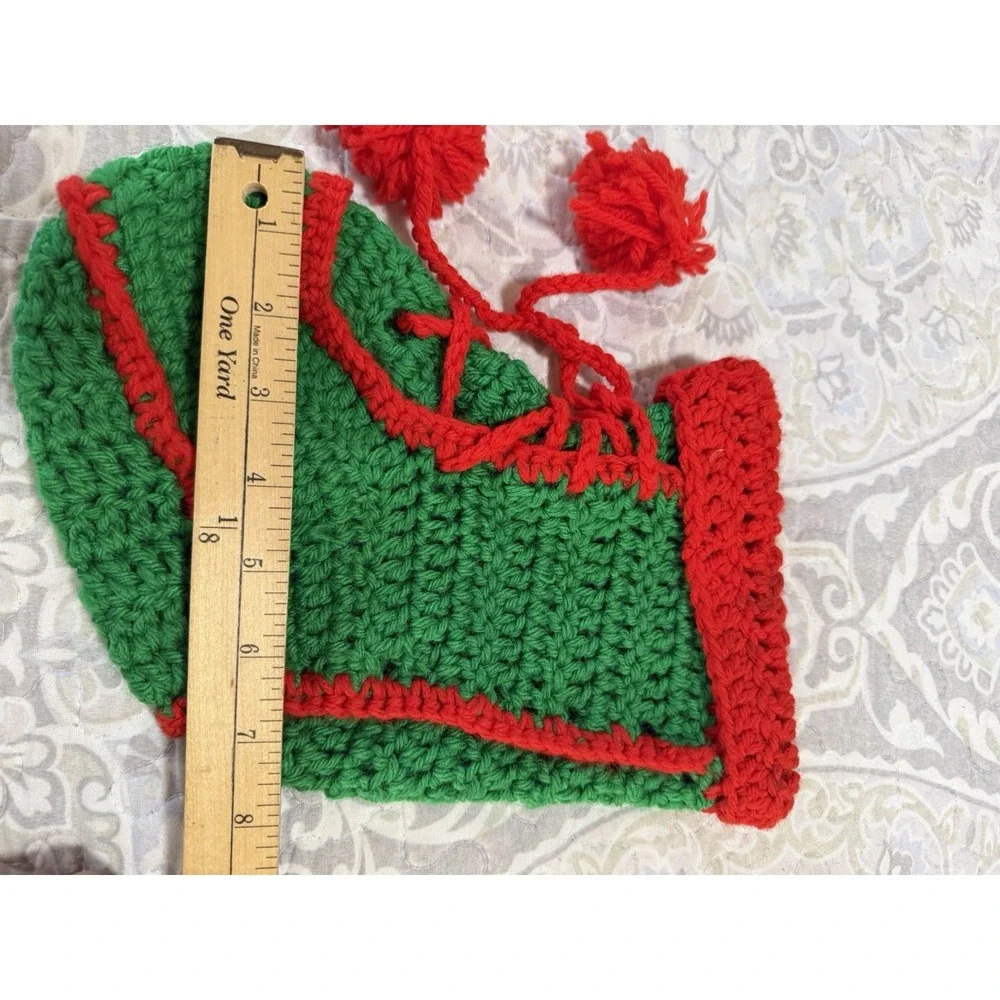 VTG‎ handmade crochet green red christmas baby stocking Granny Boot Pom-Poms